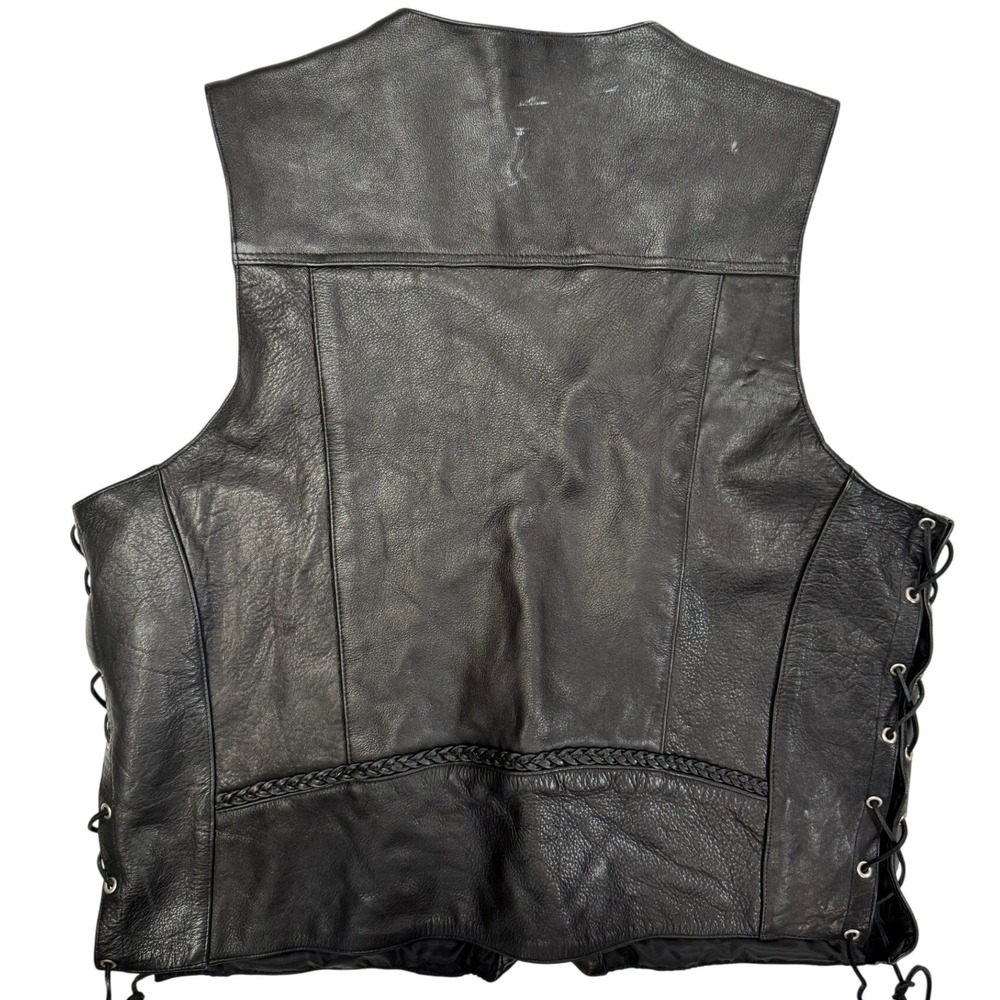 Leather Gallery Mens Black Biker Vest Braided Trim Side Lace Leather XXL - Picture 2 of 4
